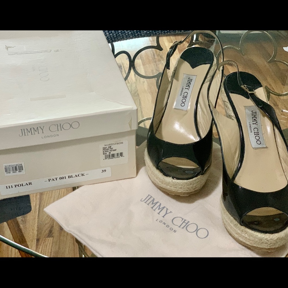 JIMMY CHOO Black Patent Leather Espadrille Wedges